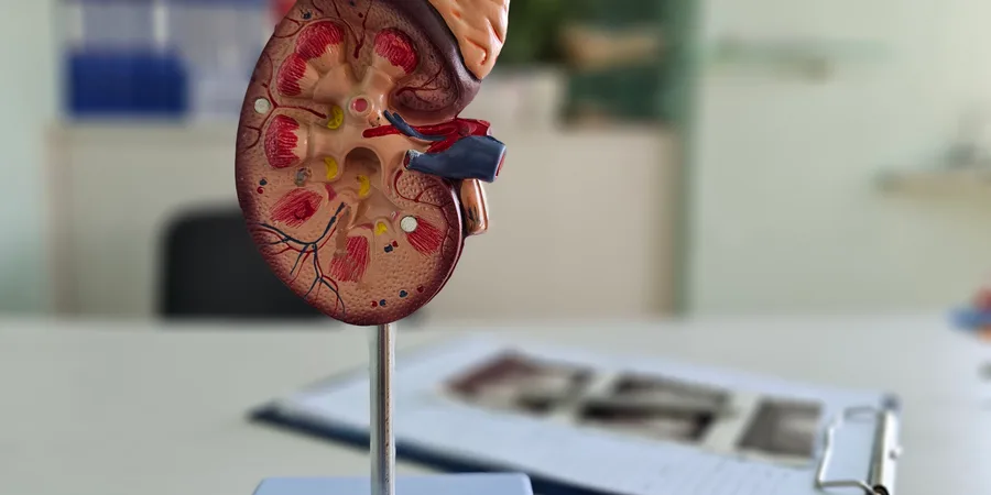 Anatomical model of a human kidney on a urologist's desk
