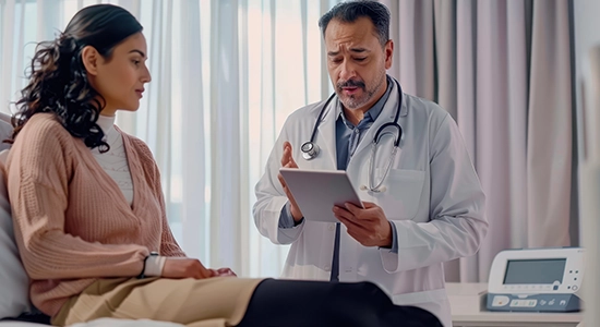 Doctor consulting a patient at a clinic desk