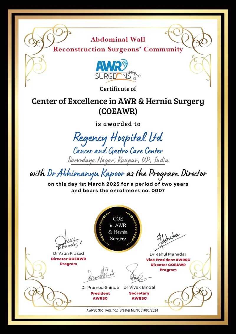 Centre of Excellence in Abdominal Wall Reconstruction certificate awarded to Dr. Abhimanyu Kapoor’s unit