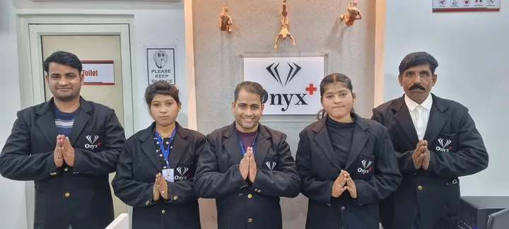 The front-desk team welcoming visitors at Onyx Superspeciality Clinic