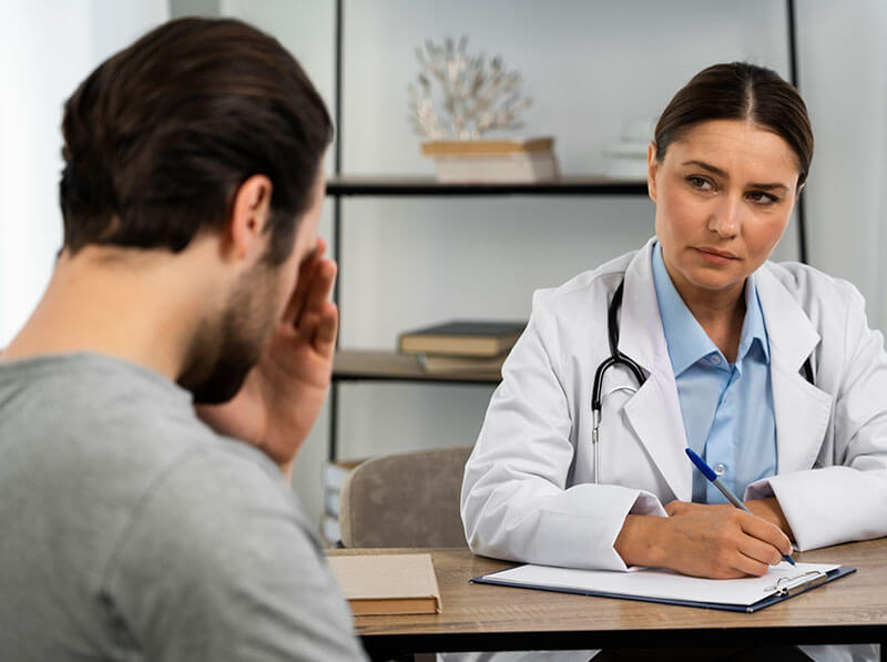 A female embryologist counseling a male patient about male infertility.