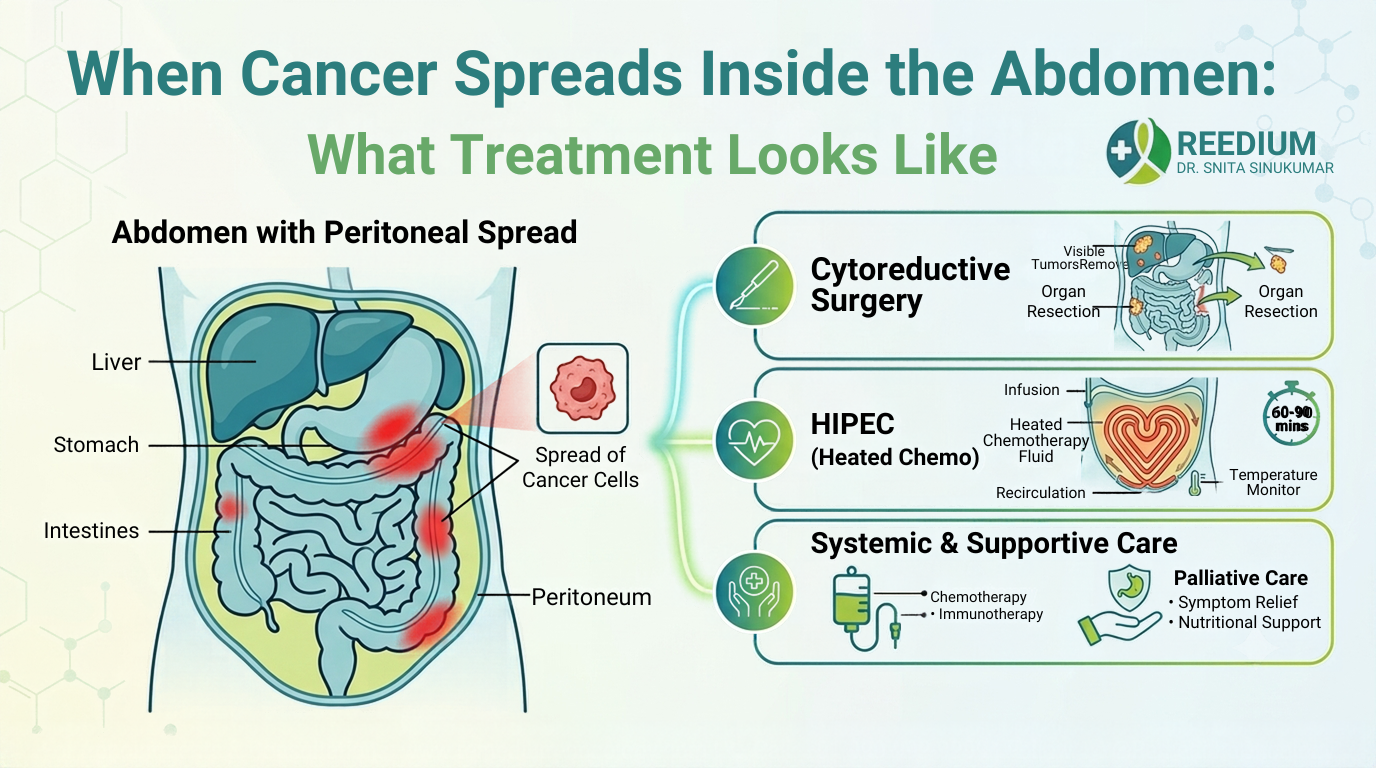An infographic detailing treatment options for peritoneal cancer spread inside the abdomen, including cytoreductive surgery, HIPEC, and systemic care, provided by Dr. Snita Sinukumar at Remedium Oncology.