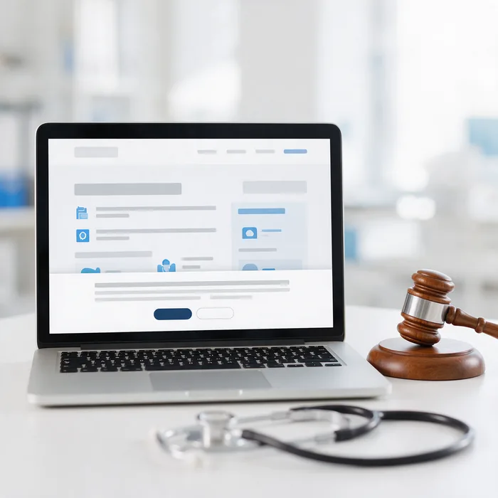 Physician at his desk reviewing his practice website on a laptop