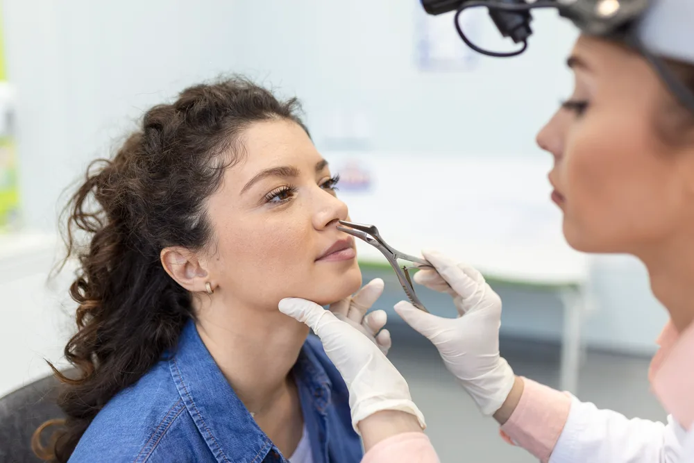 Nasal endoscopy being performed to examine the nasal cavity