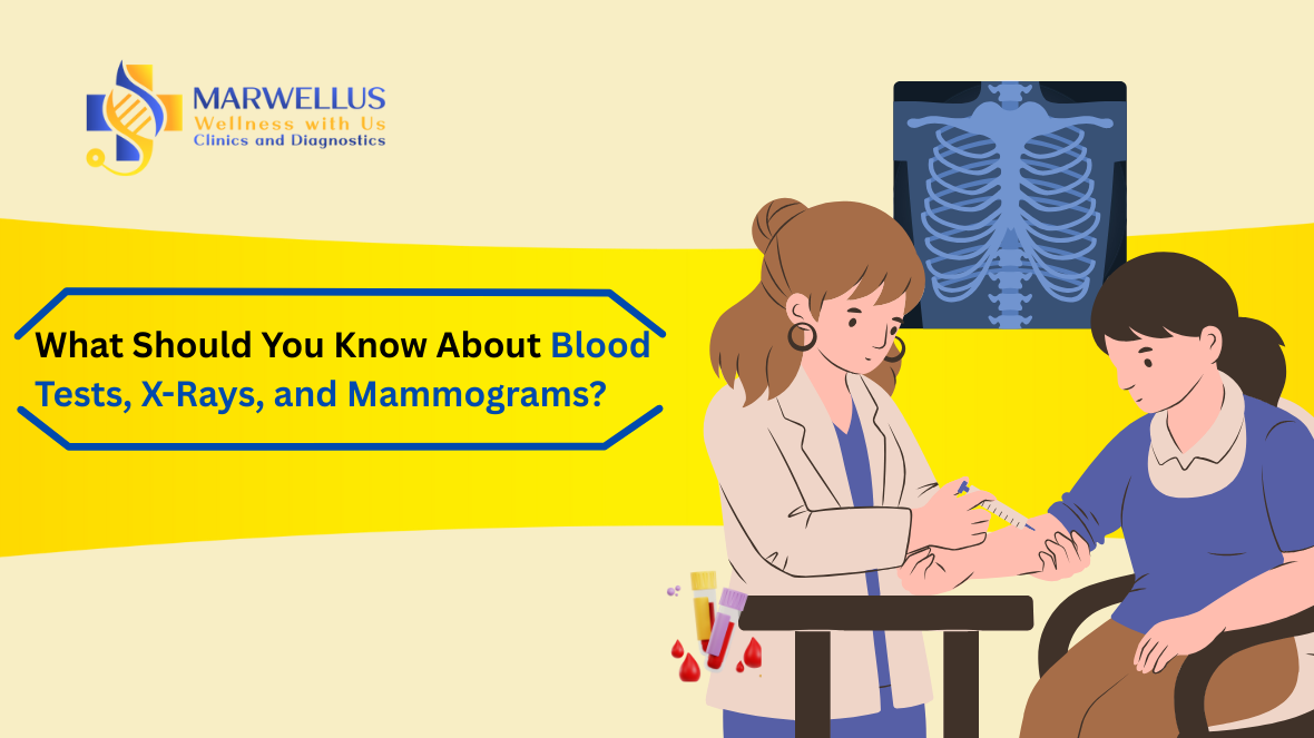 Patient undergoing diagnostic screenings like blood test X-ray and mammogram for early detection and preventive healthcare checkup