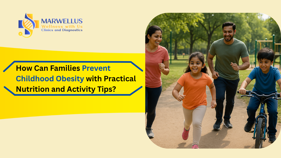Smiling family jogging and cycling together in a park to promote childhood obesity prevention through active outdoor lifestyles.