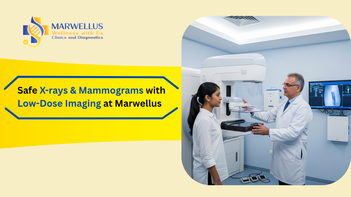 Trained radiographer preparing patient for low-dose X-ray using digital imaging and lead shielding for radiation safety