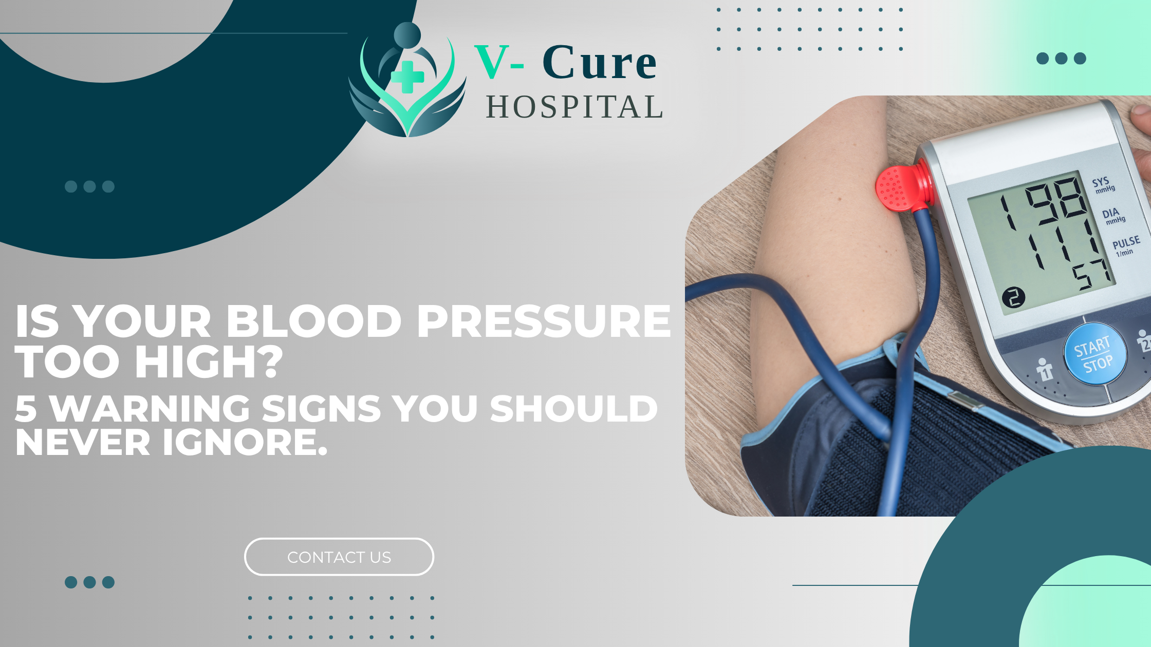 Person checking blood pressure with a digital monitor illustrating dangerous high blood pressure warning signs including chest pain, severe headache, breathlessness, vision changes, and stroke symptoms.