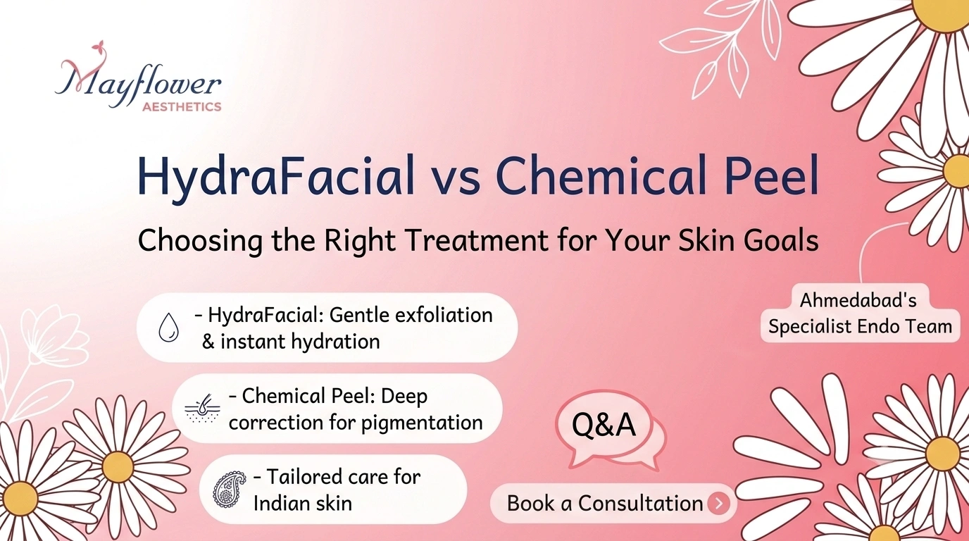 Mayflower Aesthetics blog post banner comparing HydraFacial vs Chemical Peel skin treatments in Ahmedabad.
