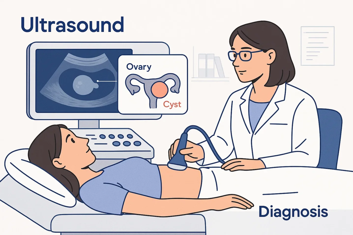 Doctor performing an ultrasound scan for ovarian cyst diagnosis with labeled educational overlay.