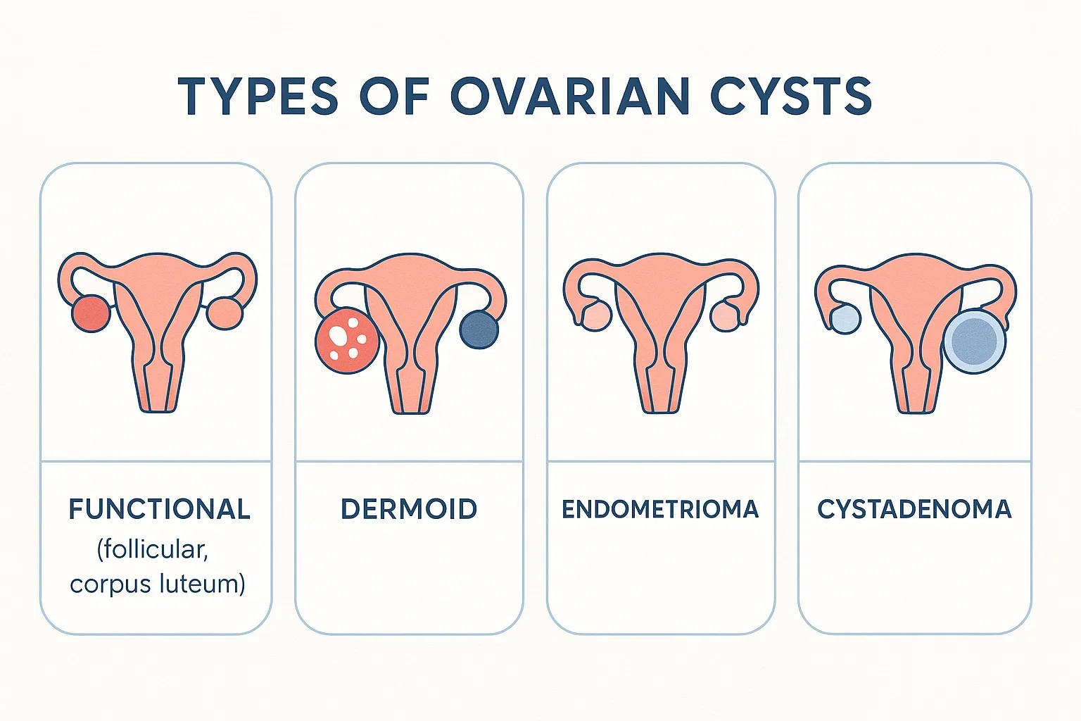 Infographic comparing different types of ovarian cysts, including follicular, dermoid, endometrioma, and cystadenoma.