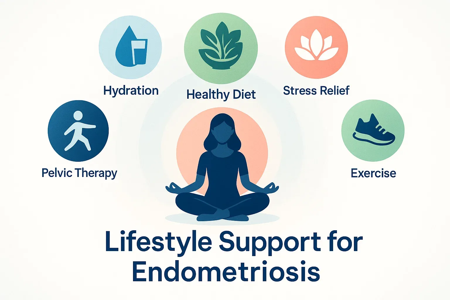 Infographic showing lifestyle strategies for managing endometriosis bladder and bowel symptoms: yoga, hydration, healthy diet, stress relief, exercise, and pelvic therapy.