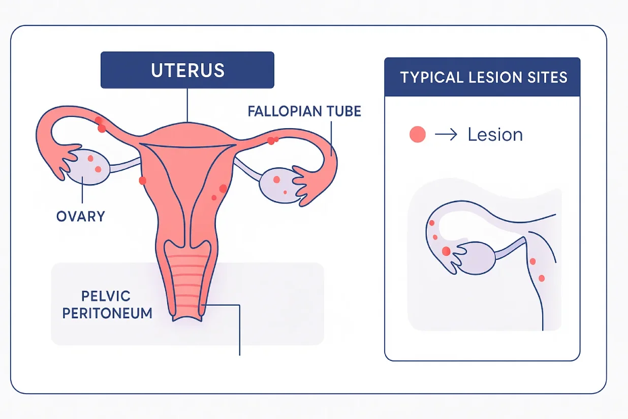 Medical illustration of endometriosis showing lesions on ovaries, fallopian tubes, and pelvic peritoneum.