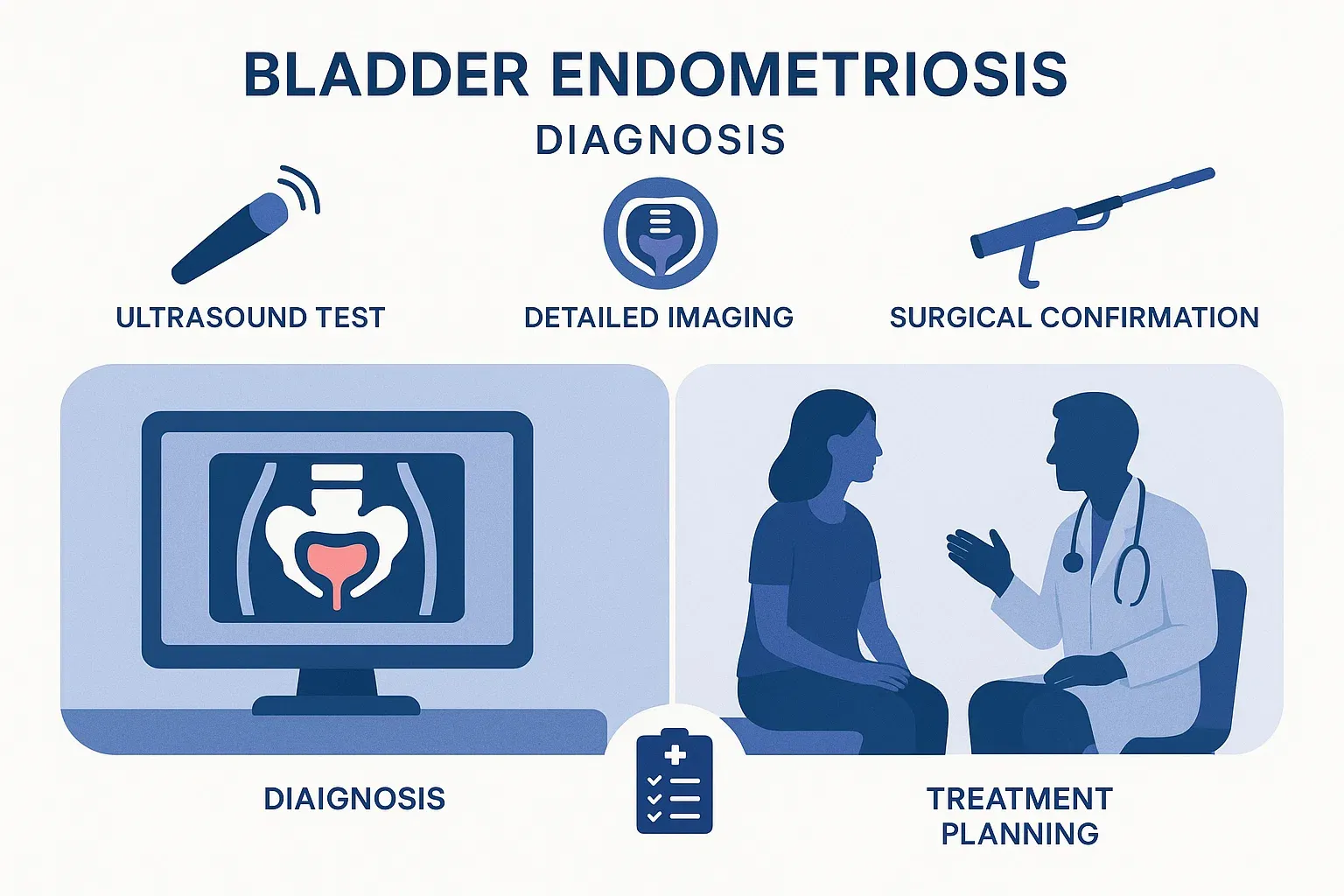 Infographic showing bladder endometriosis diagnosis with MRI scan, consultation, and diagnostic icons for ultrasound, laparoscopy, and treatment planning.