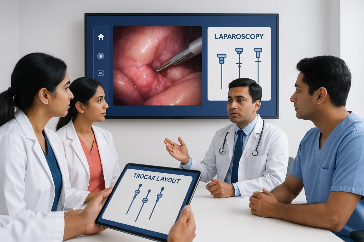 Team of women’s health specialists reviewing minimally invasive endometriosis surgery visuals, emphasizing best endometriosis specialist in Ahmedabad.
