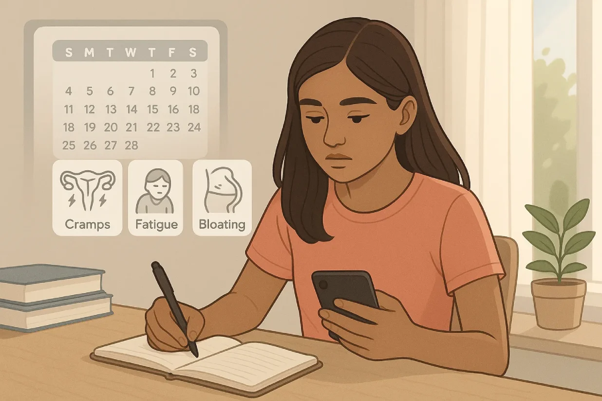 Teenage girl tracking endometriosis symptoms in a diary and phone app to monitor early warning signs.