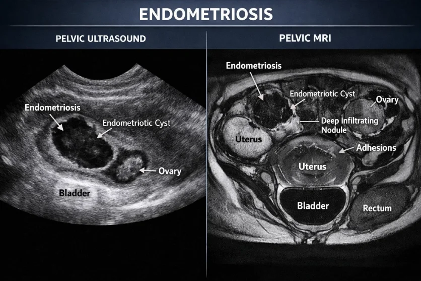 Comparison between ultrasound and MRI imaging showing why MRI is more detailed for endometriosis detection.