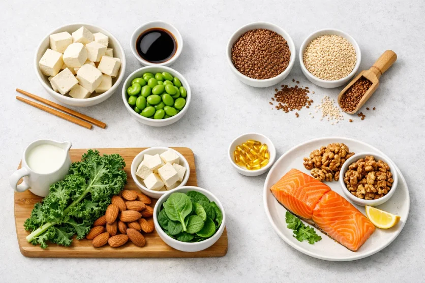 Diet for menopause symptoms including soy isoflavones, calcium-rich foods, and omega-3 sources.