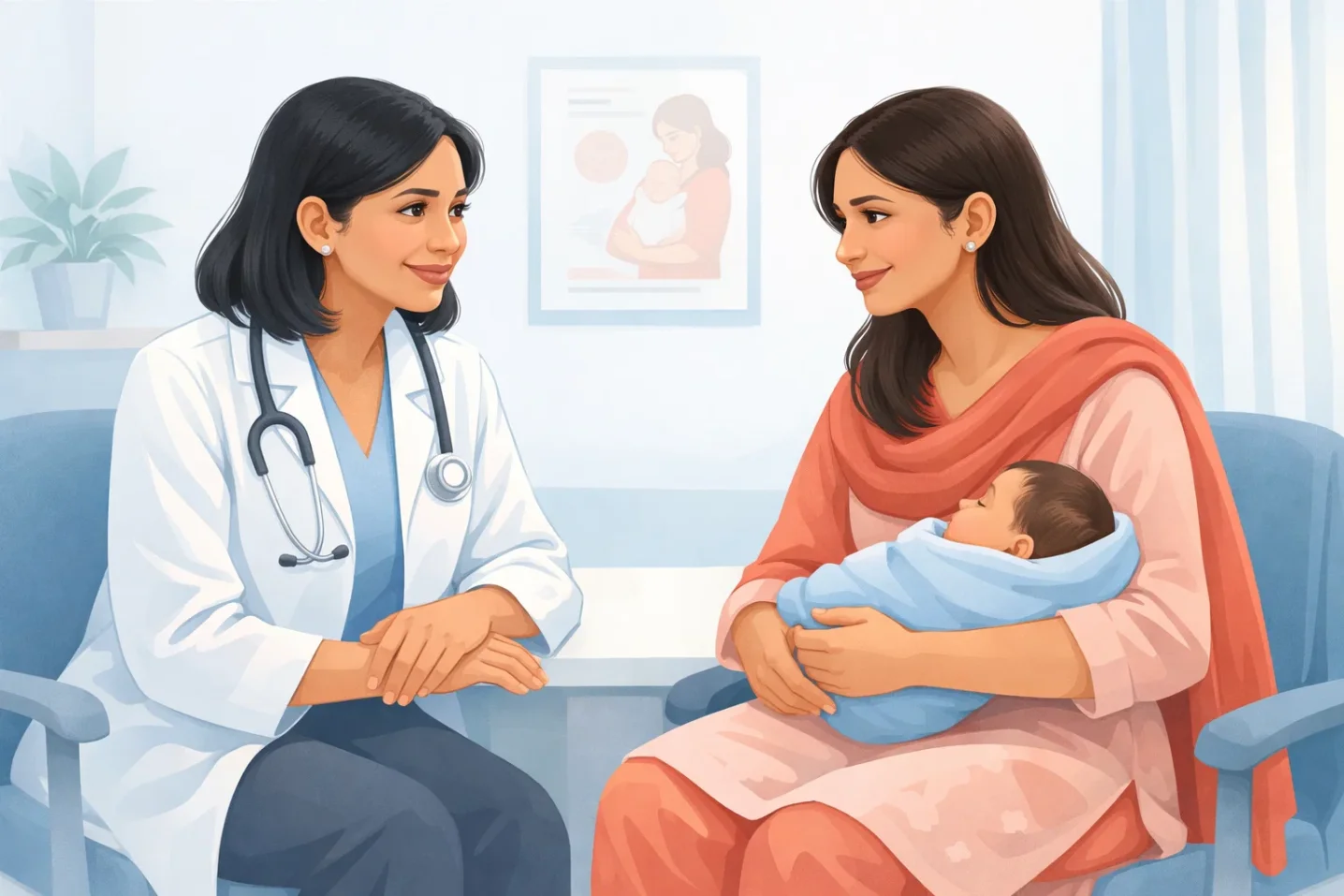 Comparison illustration explaining baby blues vs postpartum depression, showing mild mood changes versus persistent emotional withdrawal in new mothers