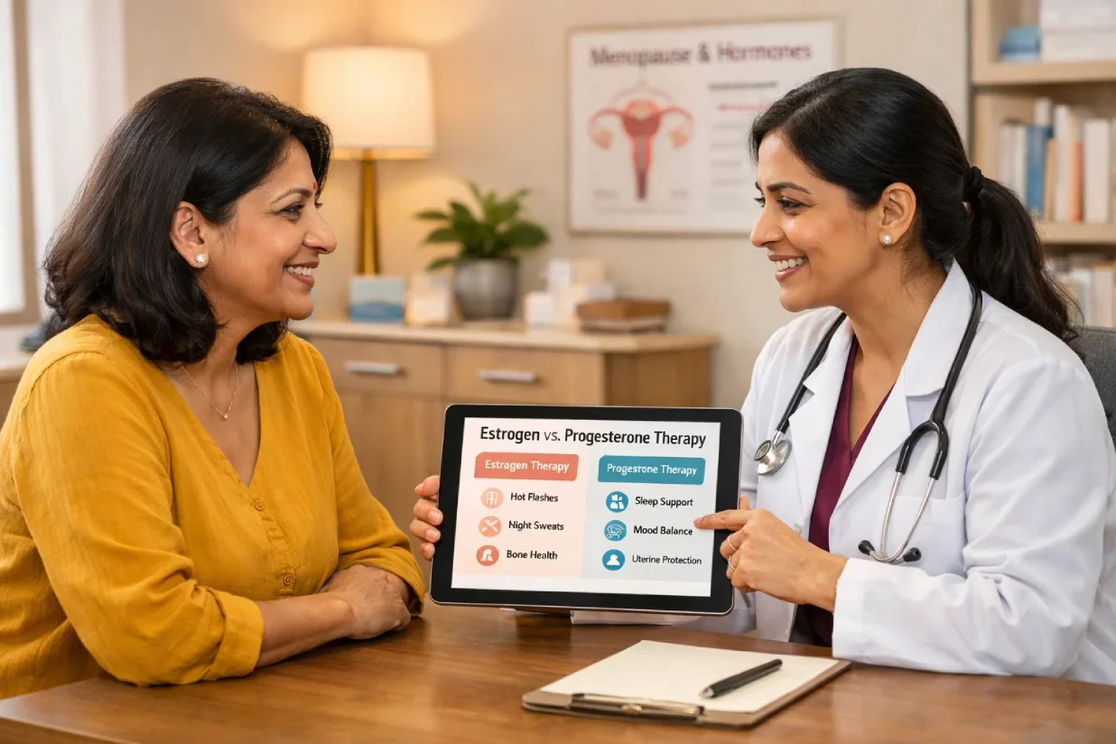 Gynecologist providing personalized hormone replacement therapy consultation for menopause.
