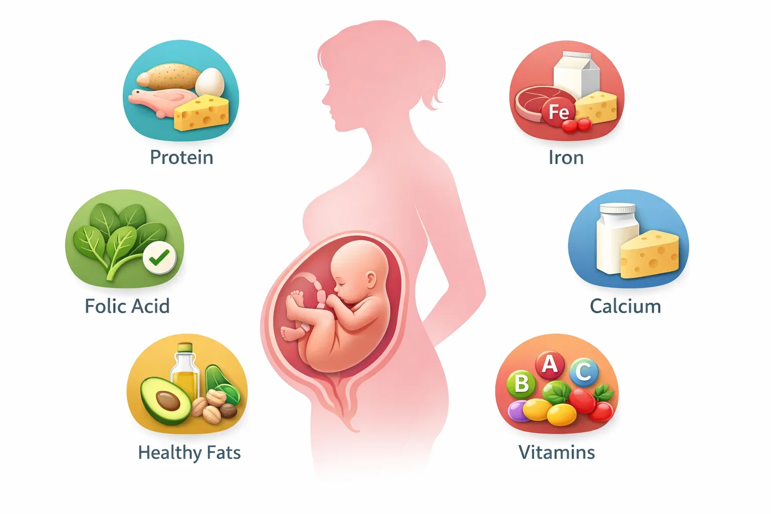 Importance of nutrition during pregnancy showing key nutrients for mother and baby.