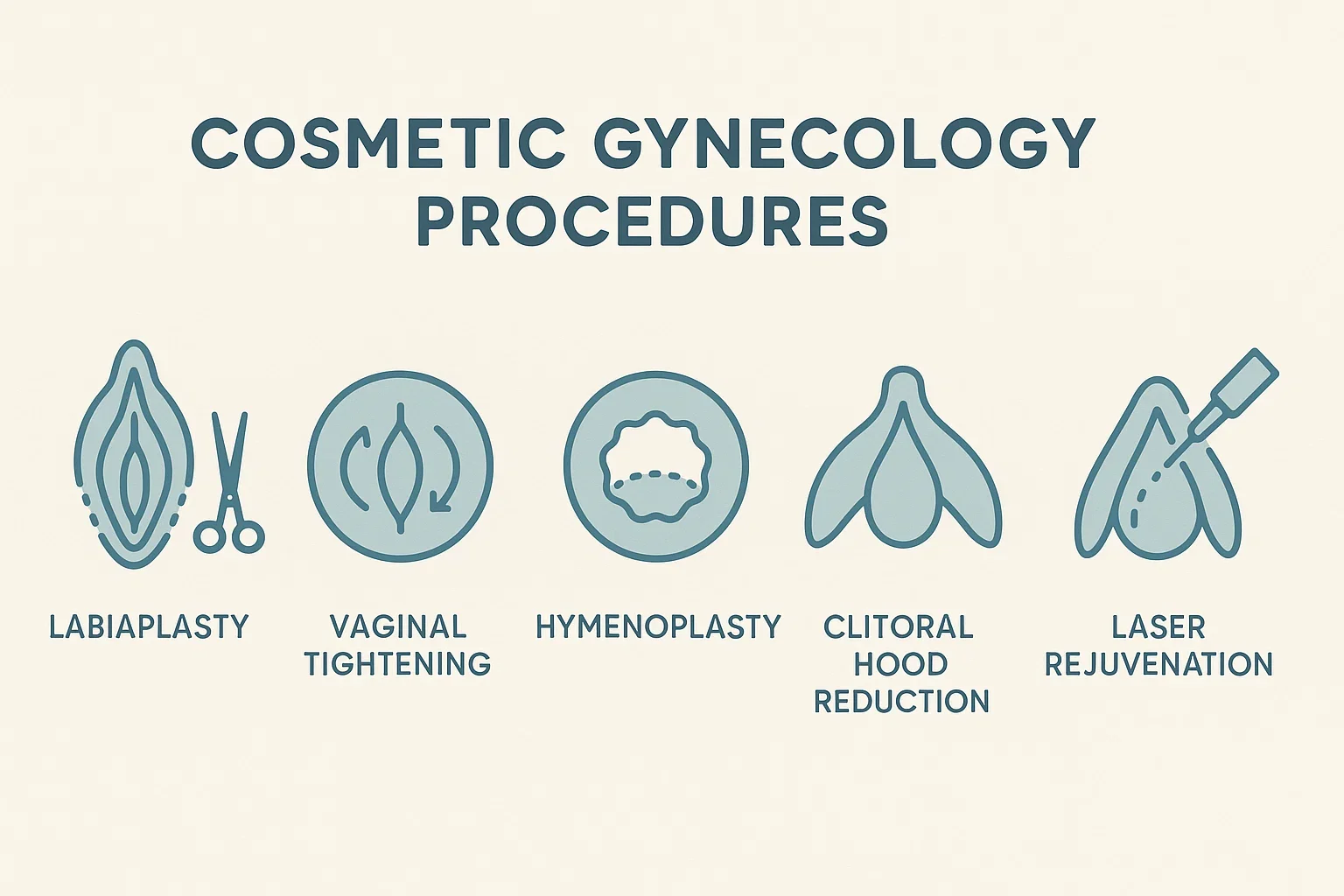Infographic showing different cosmetic gynecology procedures including labiaplasty, vaginal tightening, and laser treatments.