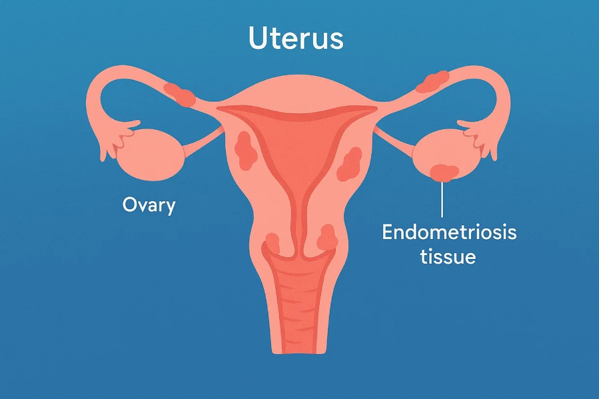 Medical illustration of endometriosis as a cause of pelvic pain in women.