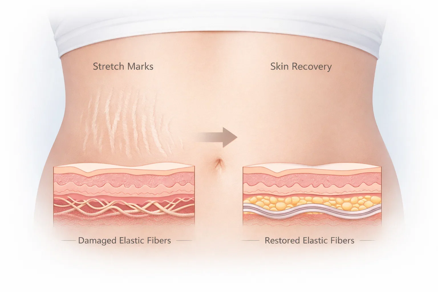 Medical-style illustration of stretch marks and loose skin recovery after pregnancy.