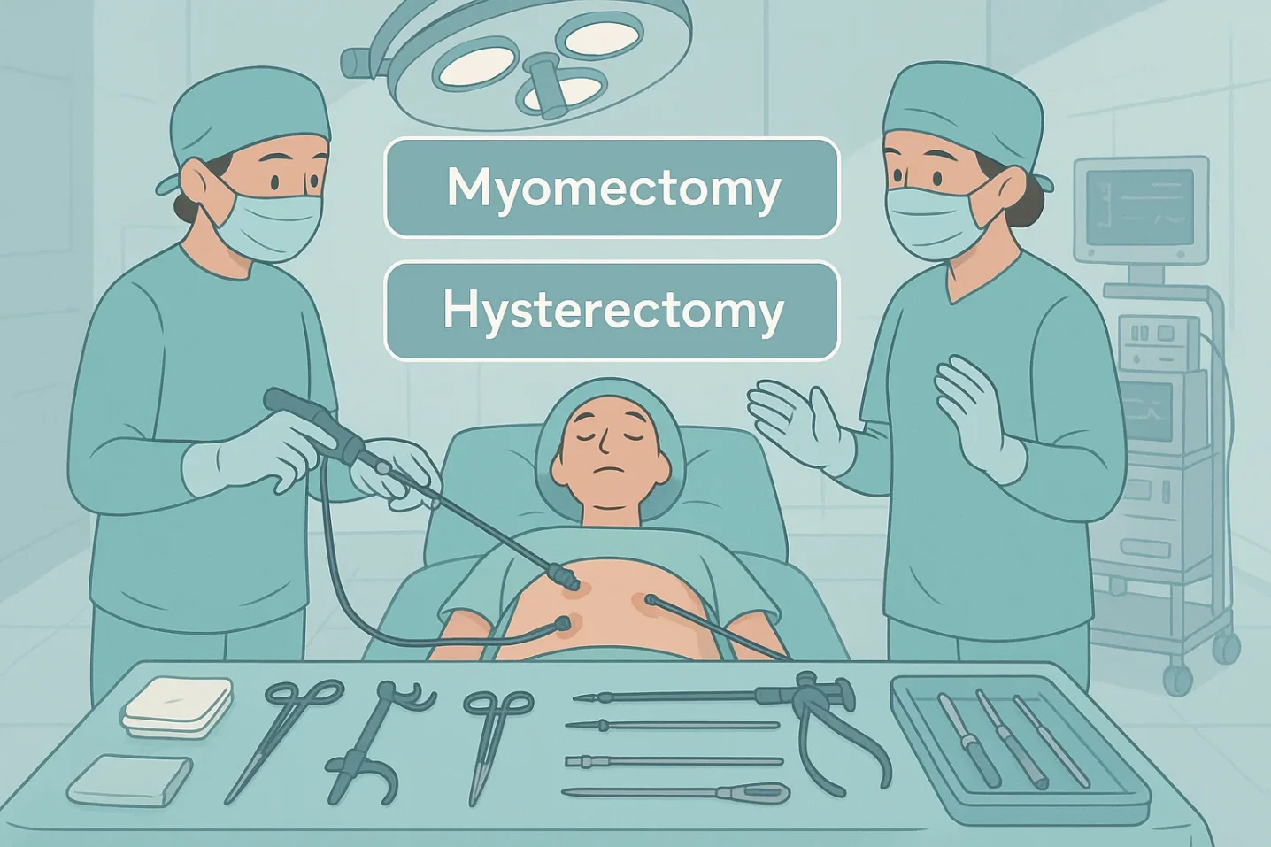 Modern operating room setup with laparoscopic tools for myomectomy and hysterectomy in fibroid treatment.