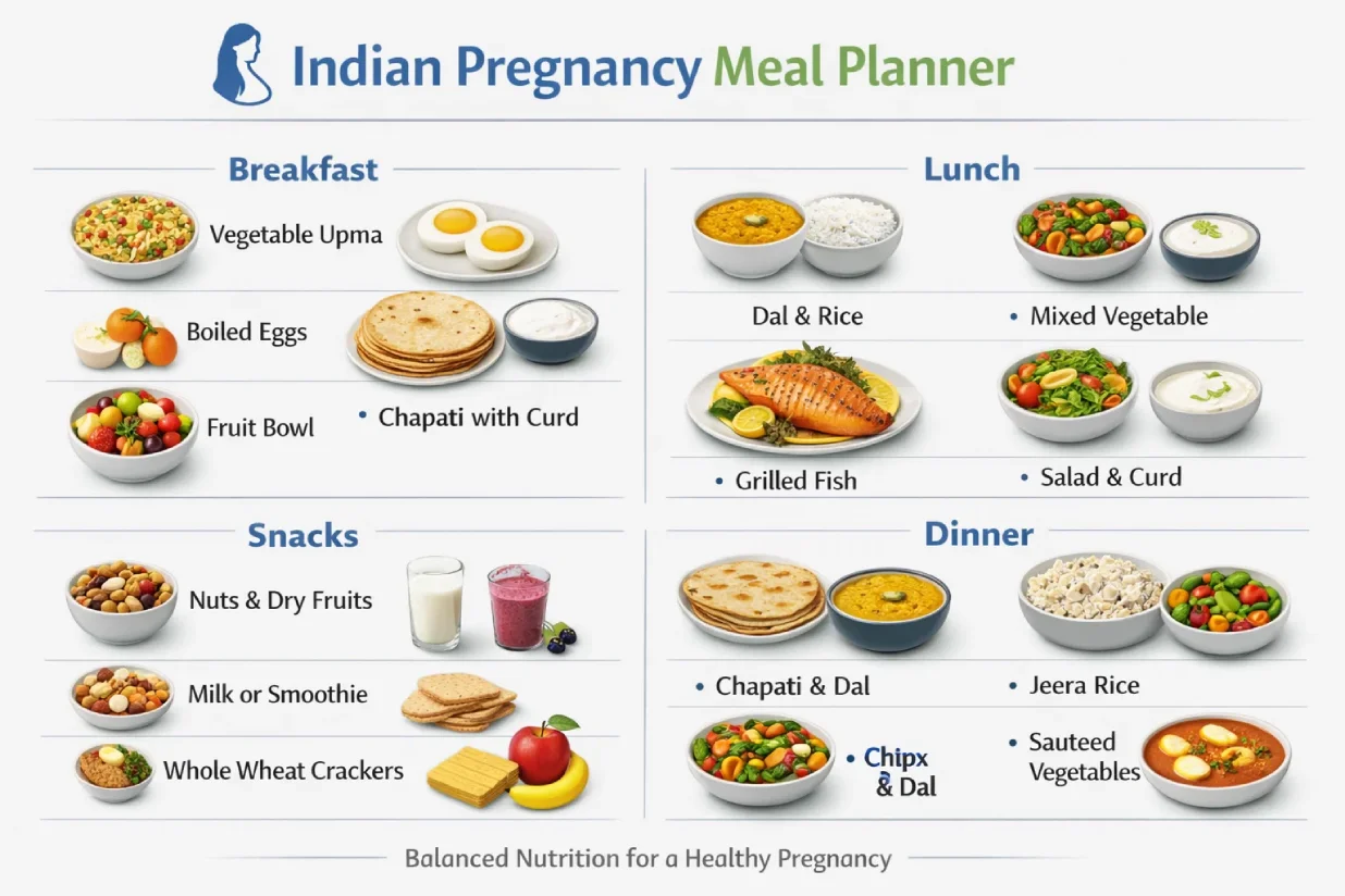 Sample Pregnancy meal plan and diet chart for pregnant women with balanced Indian foods.