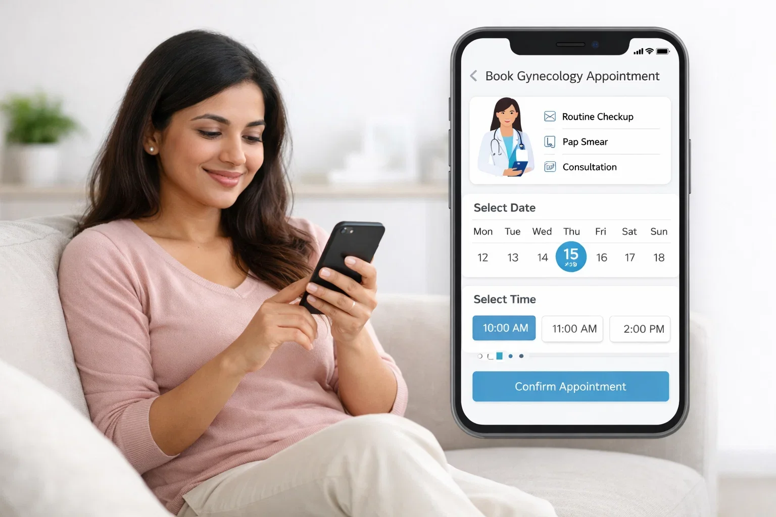 Woman booking a gynecology appointment online for an annual health checkup.