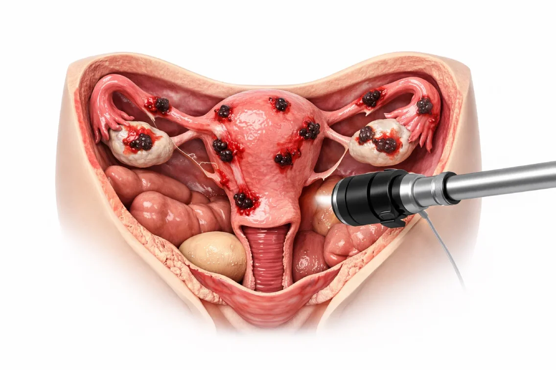 3D illustration showing endometriosis lesions treated with laparoscopic surgery
