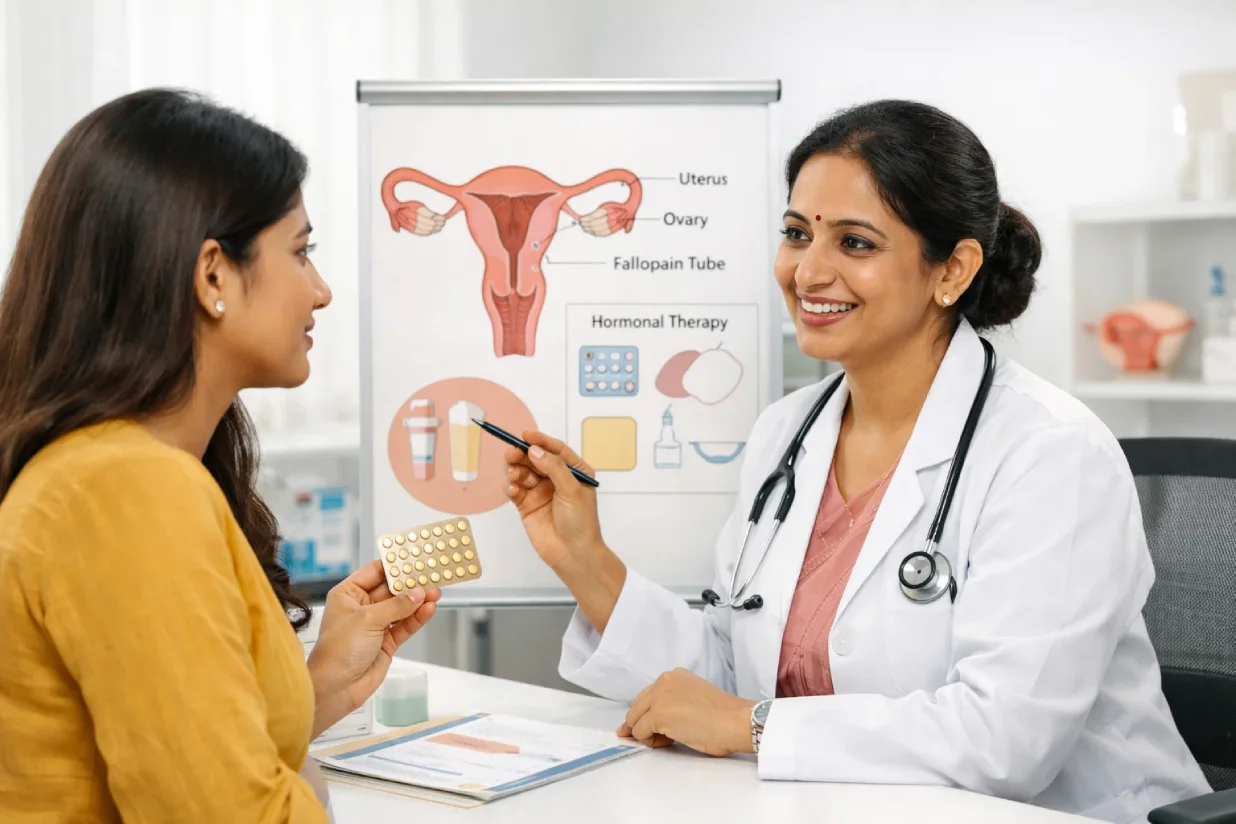Doctor explaining birth control and progesterone therapy as hormonal treatment options for endometriosis.
