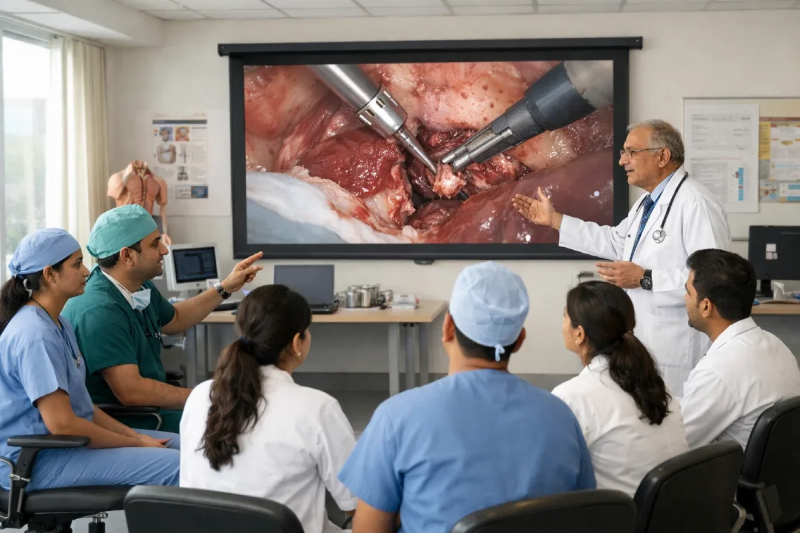 Doctors and residents reviewing surgical training videos together for skill improvement.