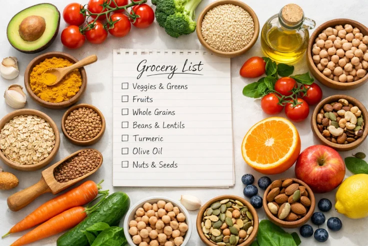 Endometriosis diet grocery list with fresh produce, grains, and anti-inflammatory foods.