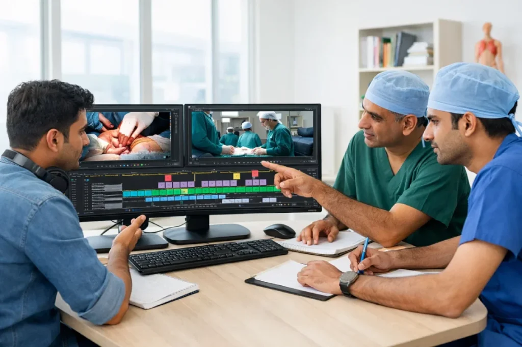 MStudios team editing surgical education videos in collaboration with surgeons.