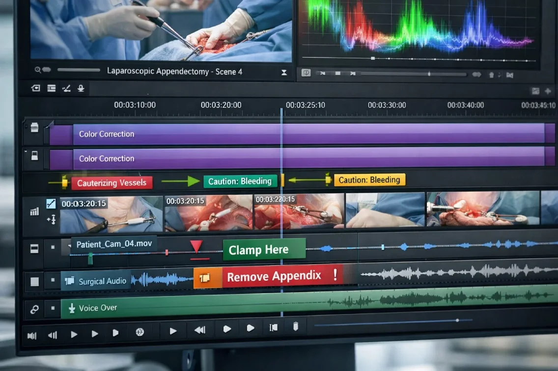 Surgical video editing software timeline showing medical footage