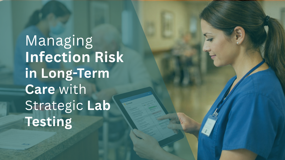 Healthcare professional reviewing lab reports in a long term care facility to manage infection risk and improve patient safety
