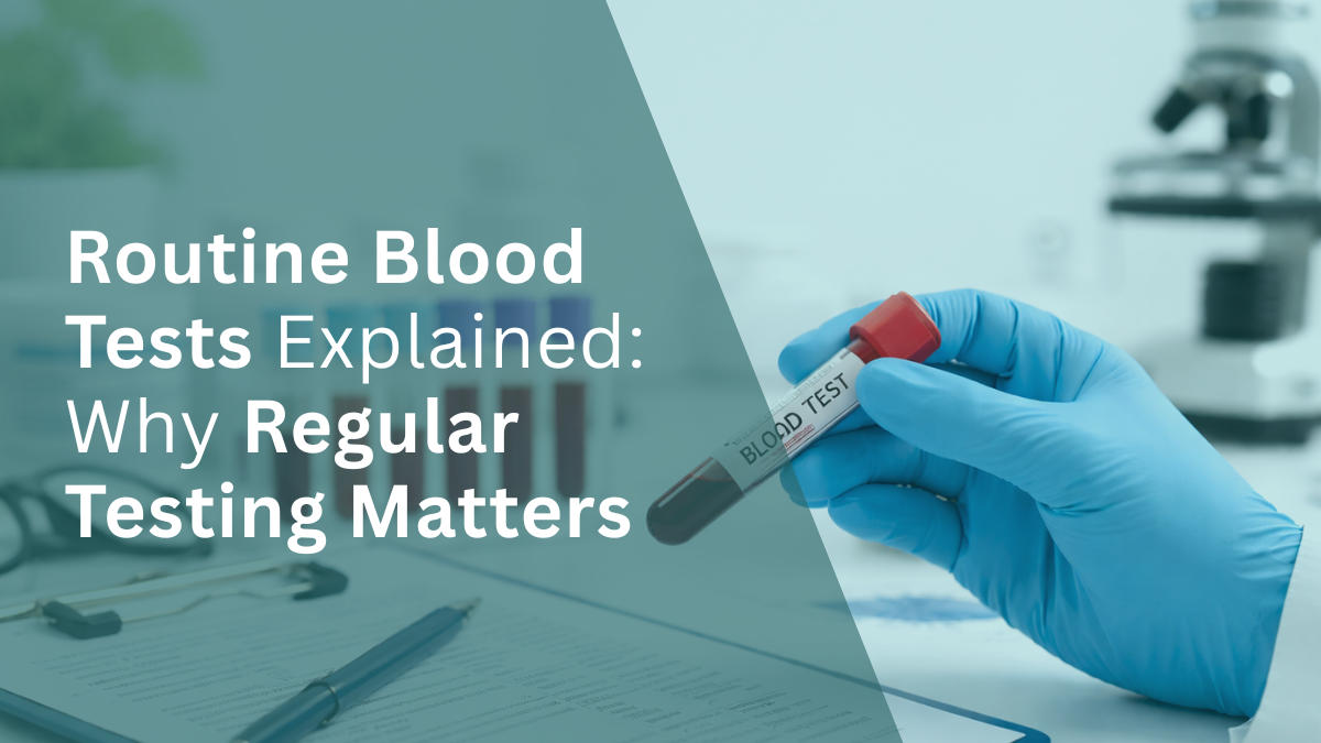 Healthcare professional holding a blood sample vial in a clinical lab setting during routine blood testing