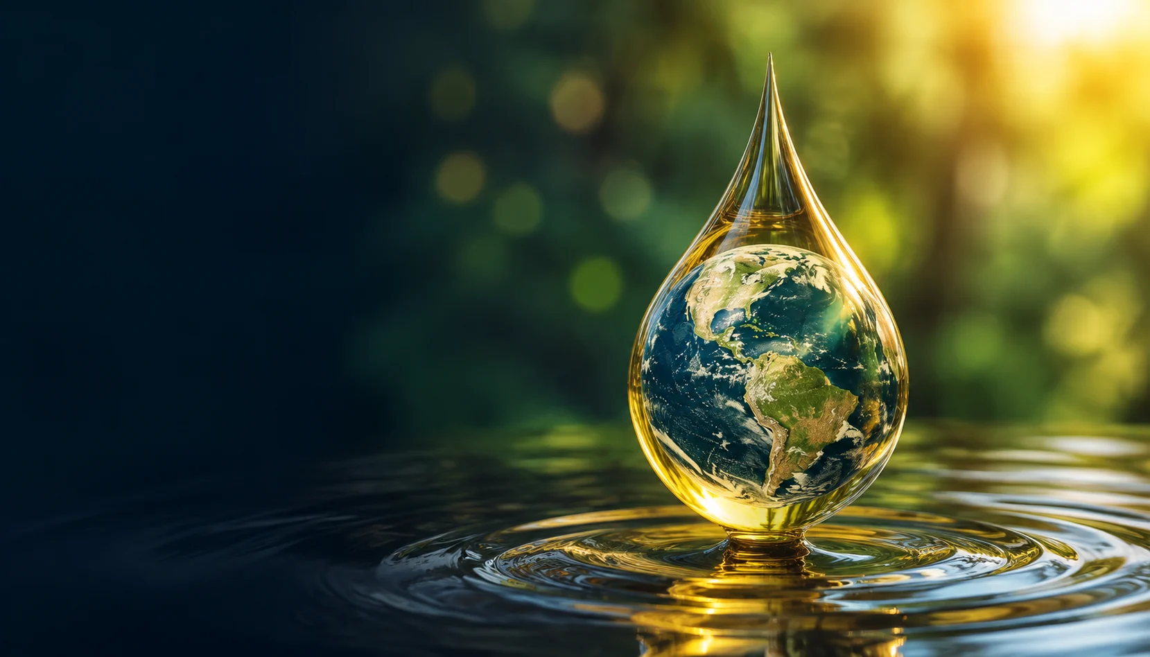 Conceptual golden oil droplet surrounding the Earth above a rippling surface